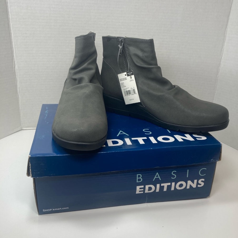 Basic Editions Women's Sleek Gray Ankle Booties Size 9 Connie Boots NIB